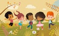 Multicultural Boys and girls holding hands and happily jump. Kids Play outdors. Colorful flowers and trees at the