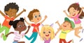Multicultural boys and girls play together, happily jump and dance. Concept of fun and vibrant moments of childhood
