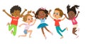 Multicultural boys and girls play together, happily jumping and dancing fun against the background. Children are having Royalty Free Stock Photo