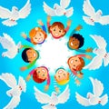 Multicultural children in a circle with happy faces, raising their hands up. Pigeons fly. Illustration of a greeting