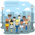 Multicultural city team. Business international people community in town vector illustration