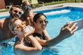 multicultural couples in sunglasses taking selfie on smartphone