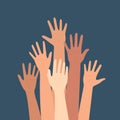 Multicultural crowd of people with hands up, teamwork of multinational team. Teamwork, friendship, unity, help, volunteering