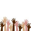 Multicultural crowd of people with hands up, teamwork of multinational team, horizontal seamless pattern