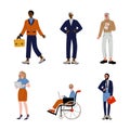 Multicultural and disabled business people, entrepreneurs or office workers set cartoon vector illustration