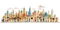 multicultural diverse children cartoon with city skyline of world landmarks on white background. generative ai AIG32