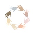 Multicultural friendship symbol. Multiracial hands together in round shape.