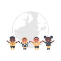 Multicultural group of children holding hands. Kids stand on the globe background Royalty Free Stock Photo