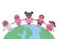 Multicultural group of children holding hands. Kids stand on the globe. Happy baby girls and baby boys Royalty Free Stock Photo