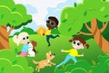 Multicultural group of children playing with pets and ball in nature. Beautiful summer or spring day in nature. Royalty Free Stock Photo