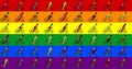 Multicultural group cyclists are riding bicycles lgbt flag background. Cartoon flat design