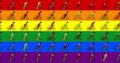 Multicultural group cyclists are riding bicycles lgbt flag background. Cartoon flat design