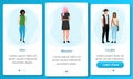 Multicultural group onboarding mobile app screen template. Adult population and gender ratio. Multiracial men, women, couples.