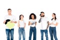 multicultural group of young people listening music in headphones and holding vinyl records isolated Royalty Free Stock Photo