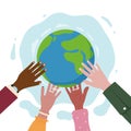 Multicultural hand holding Earth. World diversity. International people for peace together. Save and support planet Royalty Free Stock Photo