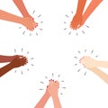 Multicultural hands applaud. Clap around. Greetings, thanks, support. Vector illustration on white background