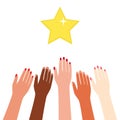 Multicultural hands reach rewards, reach for the stars. Motivation, aspiration, goal, competition, advantage