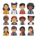 Multicultural kids avatars cartoon style vector set. Multi nationalities characters asia east india africa ethnic Royalty Free Stock Photo