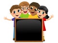 Multicultural kids or children behind blank blackboard chalkboard isolated