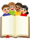 Multicultural kids children behind blank open big book isolated Royalty Free Stock Photo