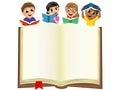 Multicultural kids children playing reading behind blank open big book isolated Royalty Free Stock Photo