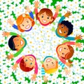 Multicultural Kids in a circle in the flowers with happy faces shoot from above lifting hands above. Happy Friendship