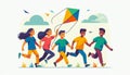 Multicultural kids playing with a kite, teamwork, fun, outdoor activity, vibrant isolated design, flat art style Royalty Free Stock Photo