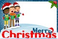 Multicultural kids xmas hat singing Christmas carol blank frame Royalty Free Stock Photo
