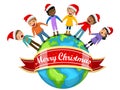Multicultural kids xmas hat singing Christmas carol hand Earth isolated Royalty Free Stock Photo