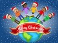 Multicultural kids xmas hat singing Christmas carol hand Earth Royalty Free Stock Photo