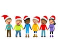 Multicultural kids xmas hat singing Christmas carol hand isolated