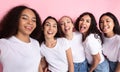 Multicultural Ladies Making Group Selfie Showing Tongues Over Pink Background