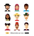 Multicultural national people avatars users flat icons international people men and women in traditional costumes vector