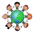 Multicultural people around earth holding hands. stock illustration