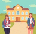 Multicultural school pupils or college students standing on background of university with books