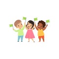 Multicultural smiling little kids standing with flags in row together, friendship, unity concept vector Illustration on
