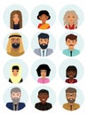 Multicultural society concept, man and woman characters. Flat icons set. Vector illustration Royalty Free Stock Photo