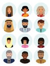 Multicultural society concept, man and woman characters. Flat icons set. Vector illustration