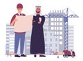 Multicultural team civil engineers at construction site flat character vector illustration concept