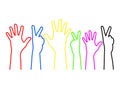 Multicultural team, hands raised up with fingers spread and a sign of victory from multicolored contour curves lines on white
