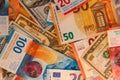 Multicurrency background of US dollars, euros and Swiss francs Royalty Free Stock Photo