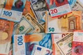Multicurrency background of US dollars, euros and Swiss francs Royalty Free Stock Photo