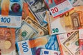 Multicurrency background of US dollars, euros and Swiss francs Royalty Free Stock Photo