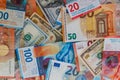 Multicurrency background of US dollars, euros and Swiss francs Royalty Free Stock Photo