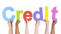 Multiethnic Arm Raised Holding Text Credit Royalty Free Stock Photo