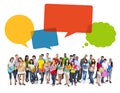 Multiethnic Cheerful Students with Speech Bubbles Royalty Free Stock Photo