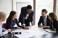 Multiethnic colleagues brainstorm at team meeting in office Royalty Free Stock Photo