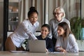 Multiethnic diverse business team of female employees meeting at laptop Royalty Free Stock Photo