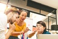 Multiethnic diverse group of creative team, casual business people, or college students in strategic meeting or project brainstorm Royalty Free Stock Photo