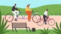 Multiethnic family activity. Multiracial couple with son riding bikes in park. Outdoor sportive pastime in nature